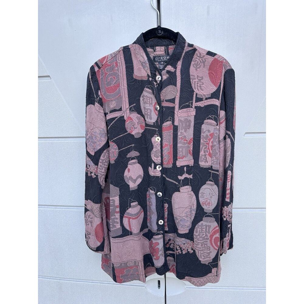 CITRON Santa Monica Black Asian Lantern Print Mandarin Collar Silk Shirt Sz M